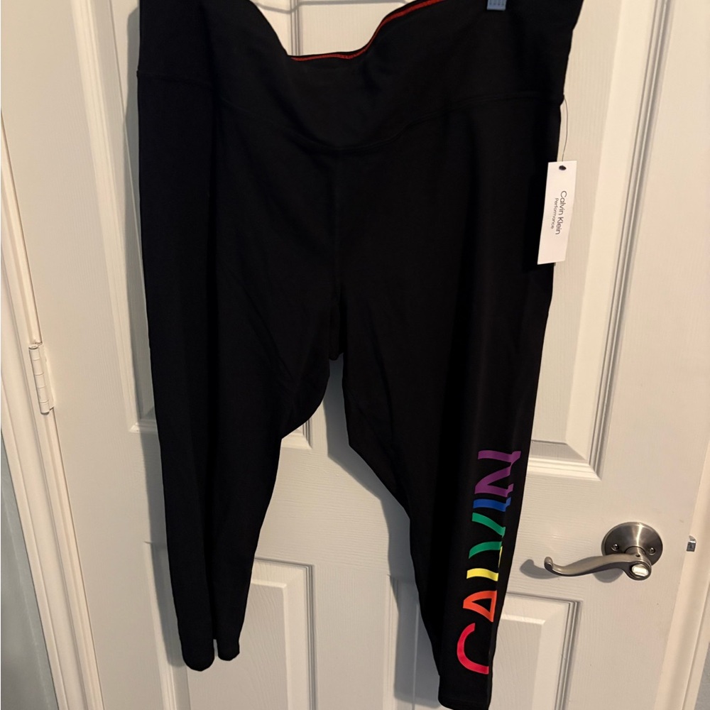 375- NWT Calvin Klein Black Leggings with Rainbow Logo Accent